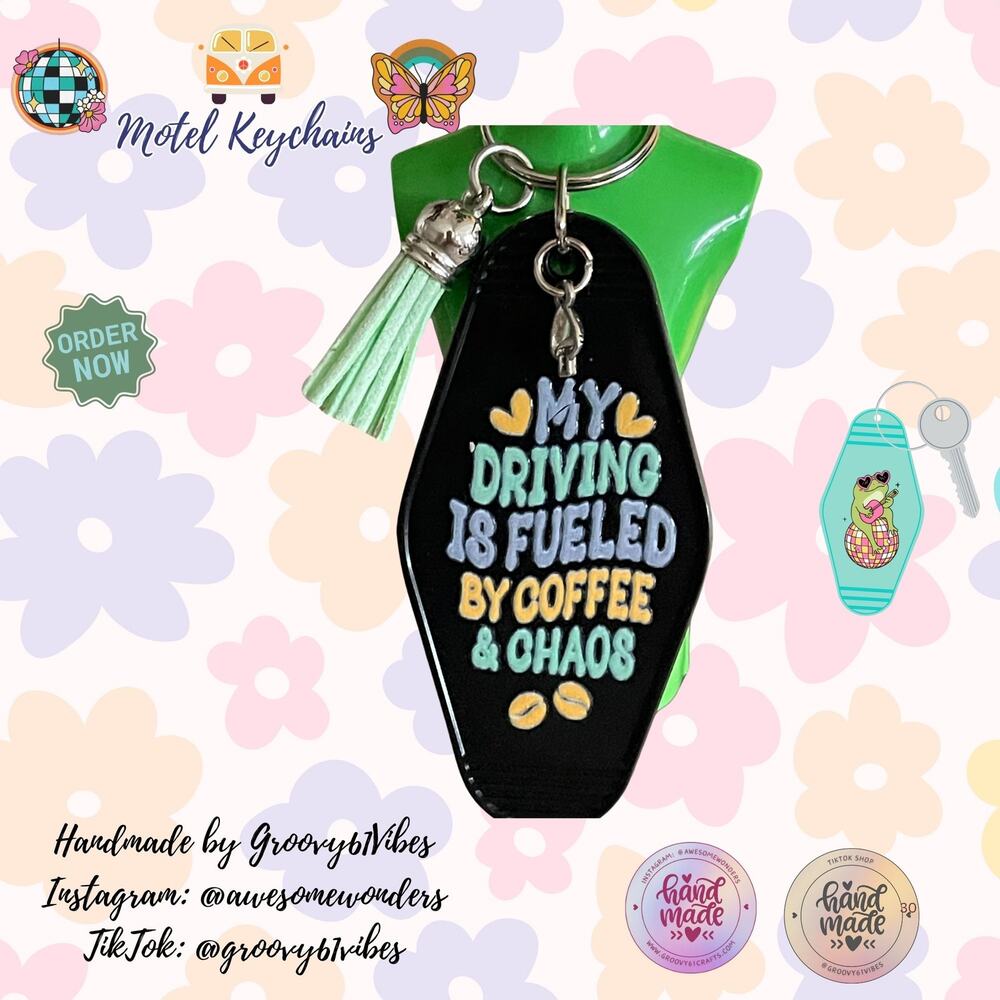 Driving Fueled by Coffee - Groovy Sassy Driving Tassel Motel Keychains – DR10